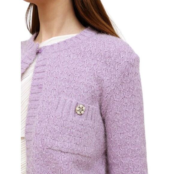 Maje Purple Cardigan Size 1 Small Lurex Knit Pearl Cluster Buttons Ballet Core - Picture 3 of 16